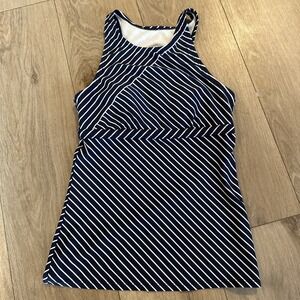 Athleta Striped Tankini Swim Top Navy Blue White Racer Back Stretch Padded Small